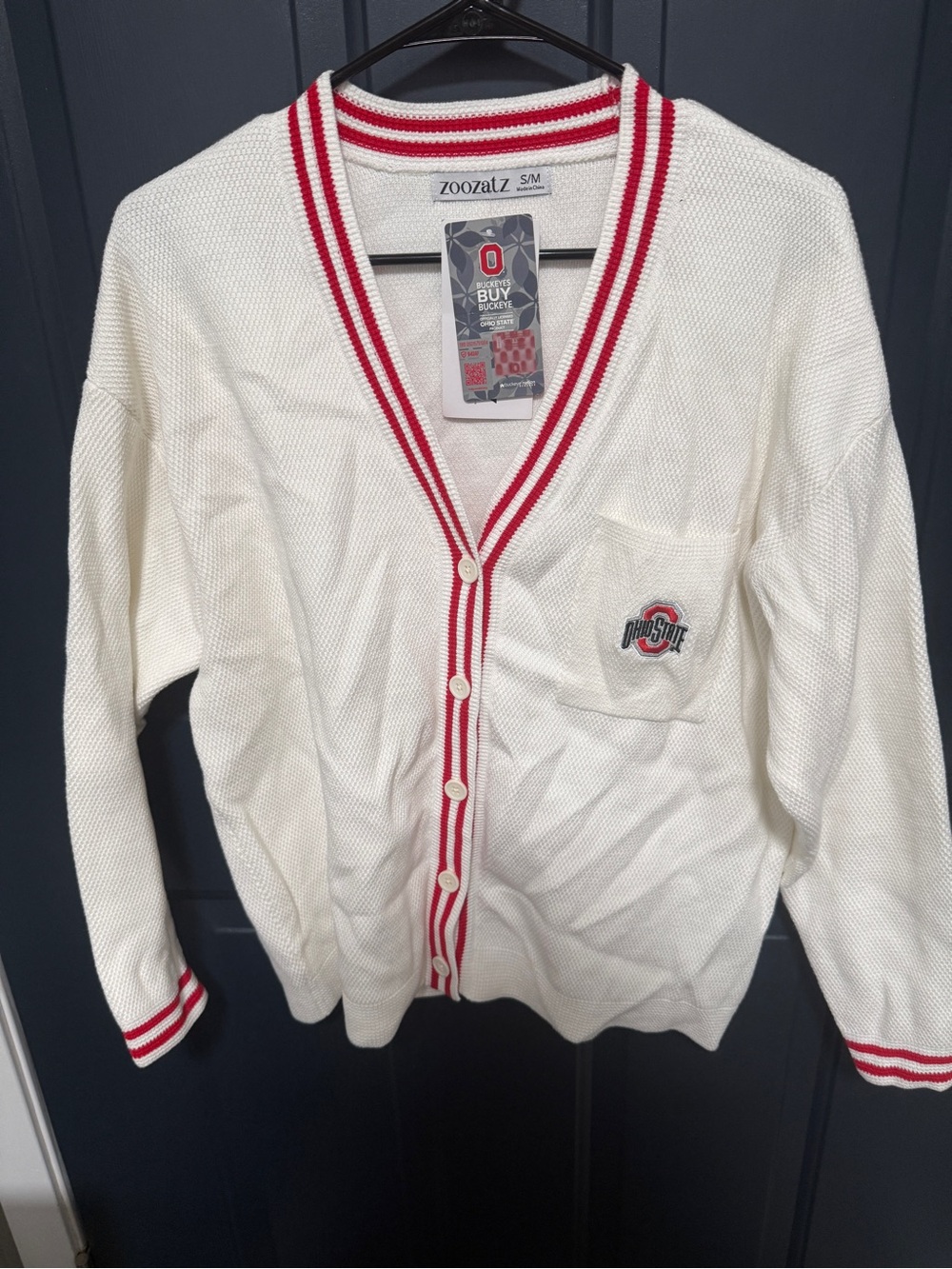 ZOOZATZ Women's Ivory Cardigan with Red Stripe Trim - Ohio State